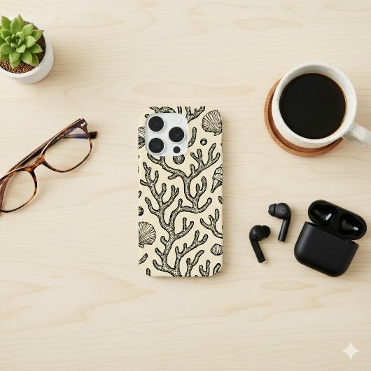 ヴィンテージ ベージュ 手描き サンゴ礁 パターン iPhoneケース