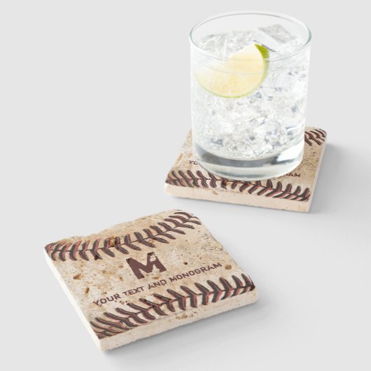 ヴィンテージ·ベースボールがあなたのモノグラムと名前をコースター ストーンコースター (横)