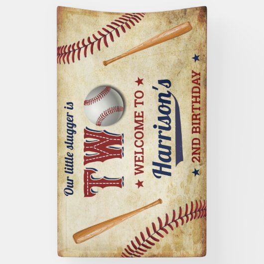 ヴィンテージ ベースボール ボーイズ 2歳の誕生日おめでとう 横断幕 (縦)