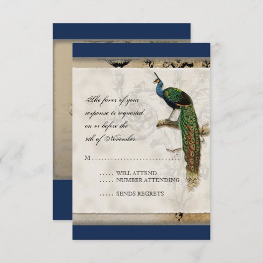 ヴィンテージ ペコック 6 - 結婚式招待状 出欠カード (正面/裏面)