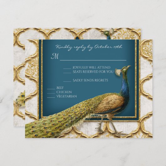ヴィンテージ ペコブルーとゴールドのエレガントなRSVP返信 出欠カード (正面/裏面)