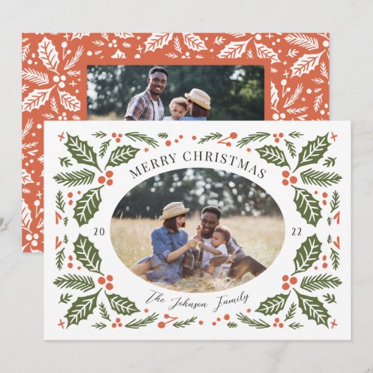 ヴィンテージ ホリーベリー オーバル フォト | 赤と緑 シーズンカード (正面/裏面)