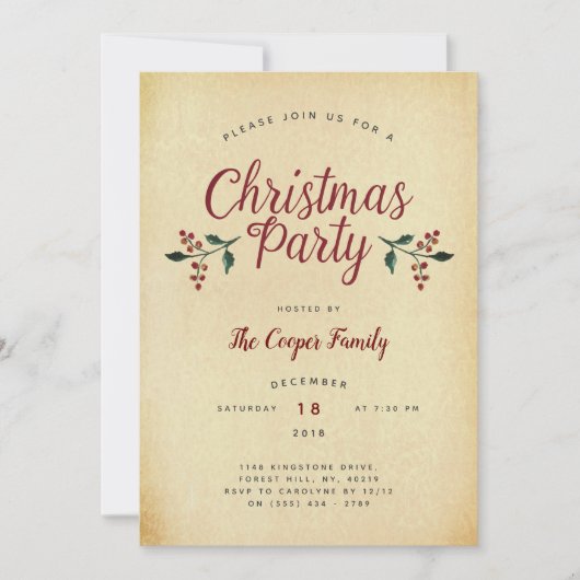ヴィンテージ ホリー クリスマス パーティー 招待状 (正面)