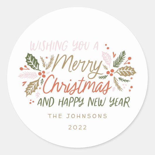 ヴィンテージ ホリー ブライト タイポグラフィー クリスマス ラウンドシール (正面)