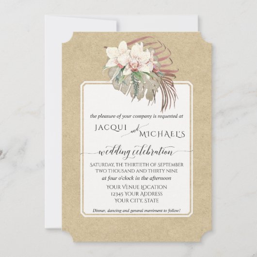 ヴィンテージ ホワイト オーキッド フローラル トロピカル フォリアージ クラフト 招待状 (正面)