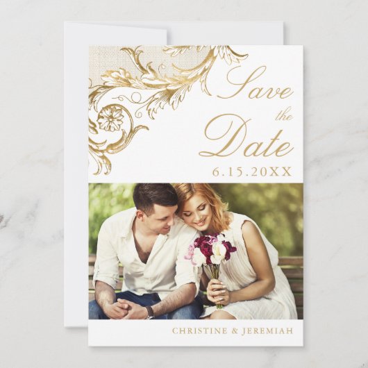 ヴィンテージ ホワイト ゴールド フローラル ダマスク フォト ウェディング セーブザデート (正面)