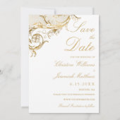 ヴィンテージ ホワイト ゴールド フローラル ダマスク フォト ウェディング セーブザデート (裏面)