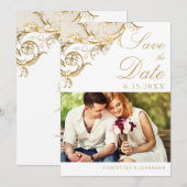 ヴィンテージ ホワイト ゴールド フローラル ダマスク フォト ウェディング セーブザデート (正面/裏面)