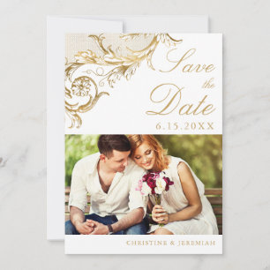 ヴィンテージ ホワイト ゴールド フローラル ダマスク フォト ウェディング セーブザデート