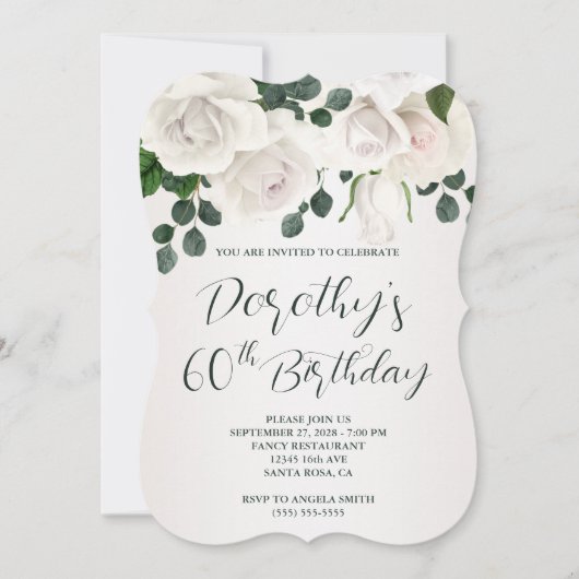ヴィンテージ ホワイト ローズ ラグジュアリー 60歳の誕生日 招待状 (正面)