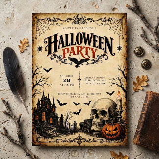 ヴィンテージ・ホーンテッドハウスとドクロのハロウィンパーティー 招待状