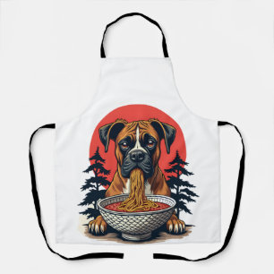 ヴィンテージ ボクサー犬 ラーメンを食べる 日本の夕焼け イラスト エプロン