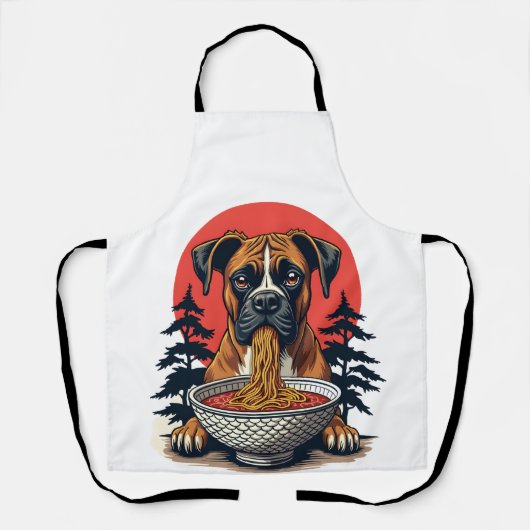 ヴィンテージ ボクサー犬 ラーメンを食べる 日本の夕焼け イラスト エプロン (正面)