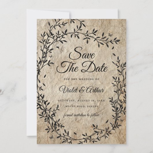 ヴィンテージ ボタニカルリースの結婚式Save The Date 招待状 (正面)