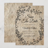 ヴィンテージ ボタニカルリースの結婚式Save The Date 招待状 (正面/裏面)