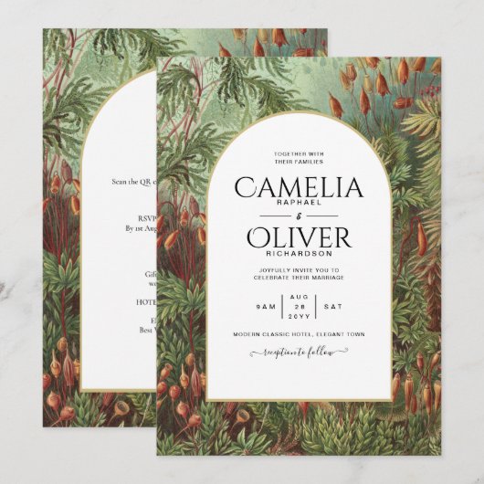 ヴィンテージ ボタニカル グリーン テラコッタ ウェディング インビテーション (正面/裏面)