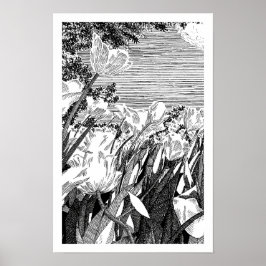 ヴィンテージ ボタニカル チューリップのフィールド ラインアート ドローイング ポスター