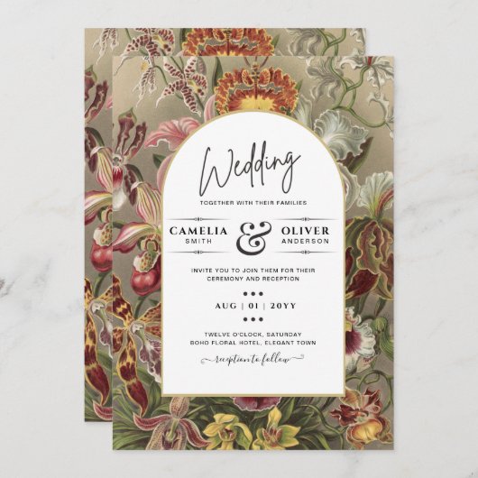 ヴィンテージ ボタニカル バーガンディ フラワー ウェディング 招待状 (正面/裏面)
