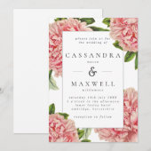ヴィンテージ ボタニカル ピンクの芍薬 水彩 結婚式 招待状 (正面/裏面)