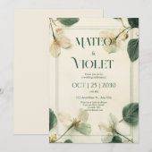 ヴィンテージ ボタニカル ホワイト ブルーム エレガント ウェディング 招待状 (正面/裏面)