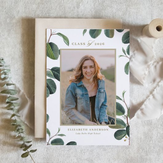 ヴィンテージ ボタニカル リーフ ホワイト フォト 卒業 招待状