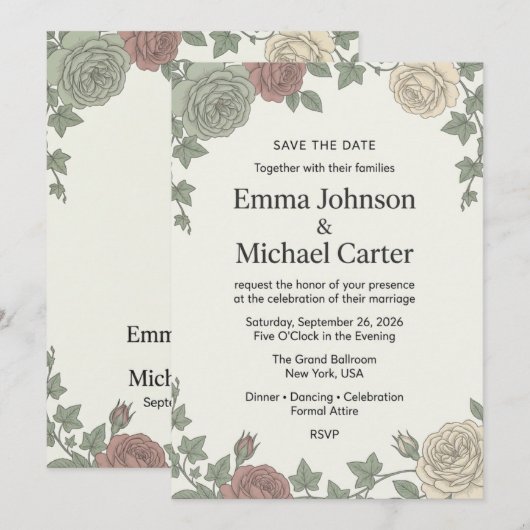 ヴィンテージ ボタニカル ローズとアイビーの結婚式セーブ・ザ・デート セーブザデート (正面/裏面)