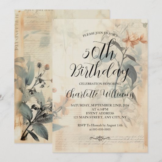 ヴィンテージ ボタニカル 女性 50歳 誕生日 招待状 (正面/裏面)