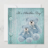 ヴィンテージ ボタン、レース & テディベアー ベイビー シャワーのお祝い 招待状 (正面)