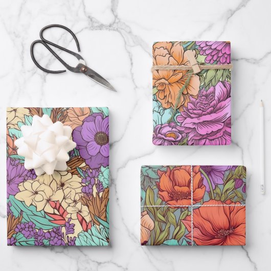 ヴィンテージ ボヘミアンフラワー ウェディング バースデー ラッピングペーパーシート (正面)