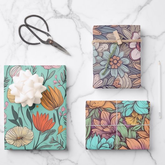 ヴィンテージ ボヘミアンフラワー ウェディング バースデー ラッピングペーパーシート (正面)