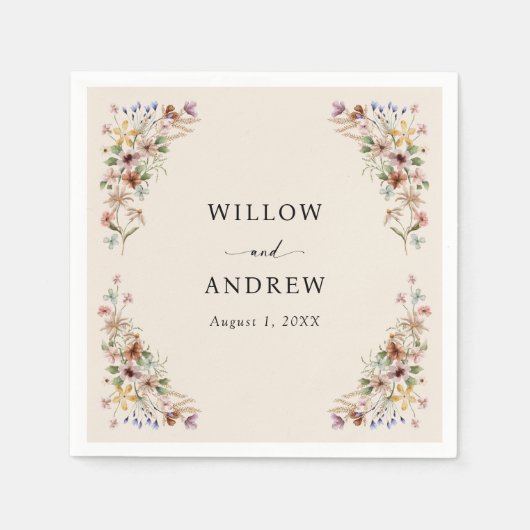 ヴィンテージ ボヘミア ワイルドフラワー ウェディング スタンダードカクテルナプキン (正面)