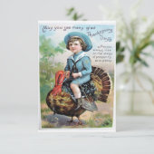 ヴィンテージ ボーイ ライディング オン ターキン 感謝祭 グリーティング カード (スタンド正面)