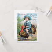 ヴィンテージ ボーイ ライディング オン ターキン 感謝祭 グリーティング カード (正面/裏面インサイチュ)