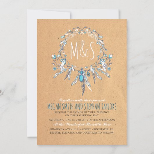 ヴィンテージ ボーホー ドリームキャッチャー ウェディング 招待状 (正面)