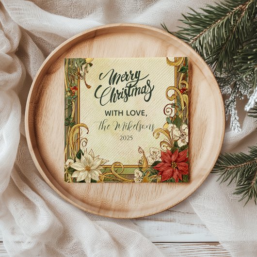ヴィンテージ・ポインセチアのクリスマス スタンダードカクテルナプキン
