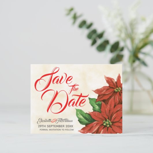 ヴィンテージ・ポインセティア・セーブ・ザ・デート・ポストカード ポストカード (スタンド正面)