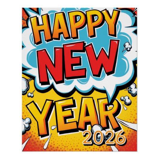 ヴィンテージ ポップアート ハッピー ニューイヤー コミックスタイル ポスター (正面)