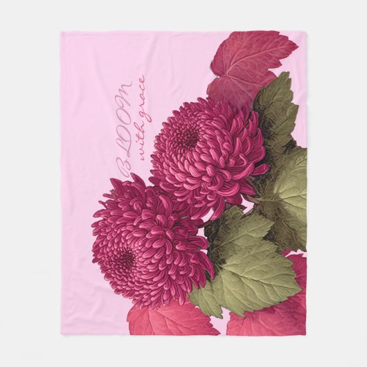 ヴィンテージ マゼンタ キク 植物画 フリースブランケット (正面)