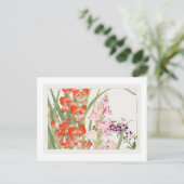 ヴィンテージ マツムシソウとヒメヒオウギ草花、浮世絵  ポストカード (スタンド正面)