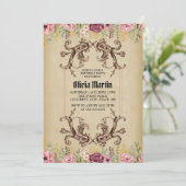 ヴィンテージ マルーング ゴールド フローラ パーチメント 誕生日 招待状 (スタンド正面)