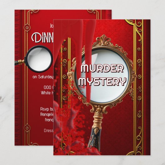 ヴィンテージ・ミステリー・ディナー・パーティー・レトロ・レッド 招待状 (正面/裏面)
