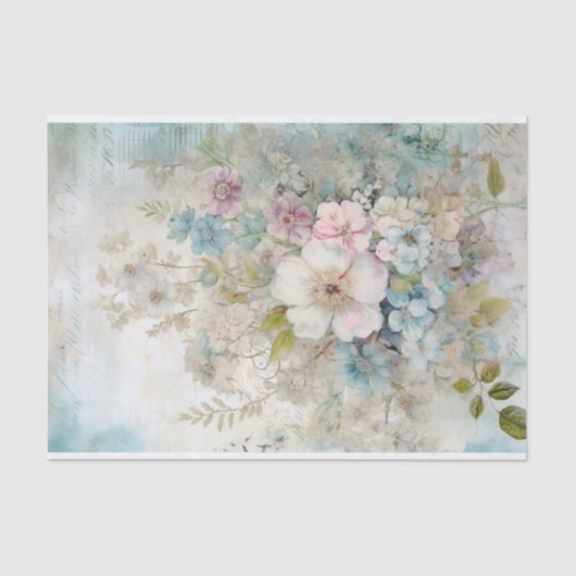 ヴィンテージ ミックスメディア ブルー、ピンク、ホワイト フラワー 薄葉紙 (正面)
