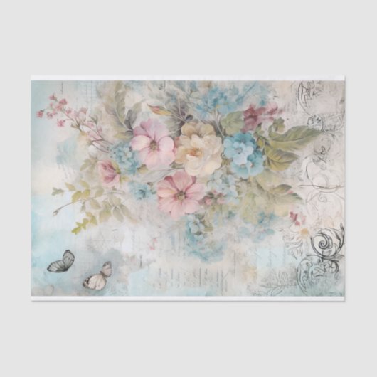 ヴィンテージ ミックスメディア ブルー、ピンク、ホワイト フラワー 薄葉紙 (正面)