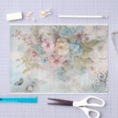 ヴィンテージ ミックスメディア ブルー、ピンク、ホワイト フラワー 薄葉紙 (クラフト)