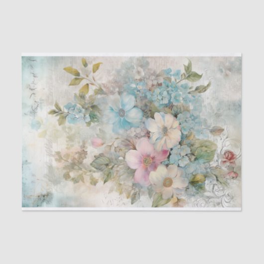 ヴィンテージ ミックスメディア ブルー、ピンク、ホワイト フラワー 薄葉紙 (正面)