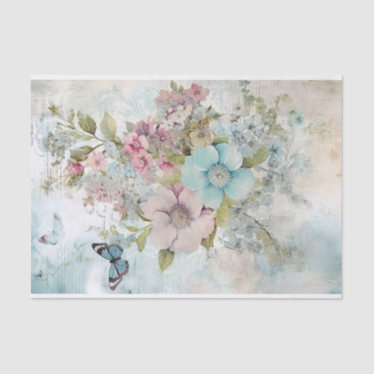 ヴィンテージ ミックスメディア ブルー、ピンク、ホワイト フラワー 薄葉紙 (正面)