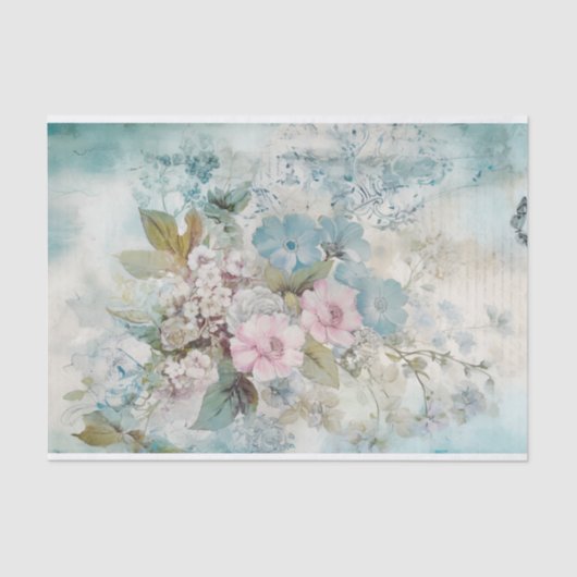 ヴィンテージ ミックスメディア ブルー、ピンク、ホワイト フラワー 薄葉紙 (正面)