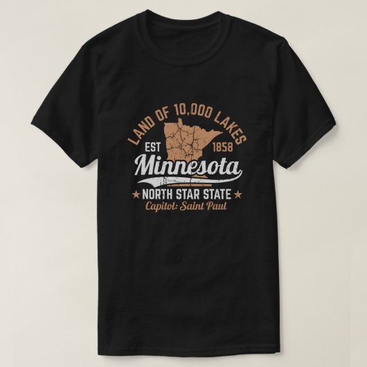 ヴィンテージ ミネソタ州 1万の湖の地図デザイン Tシャツ (デザイン正面)