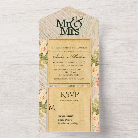 ヴィンテージ ミュージカル フラワー ウェディング オールインワン招待状 (内側)