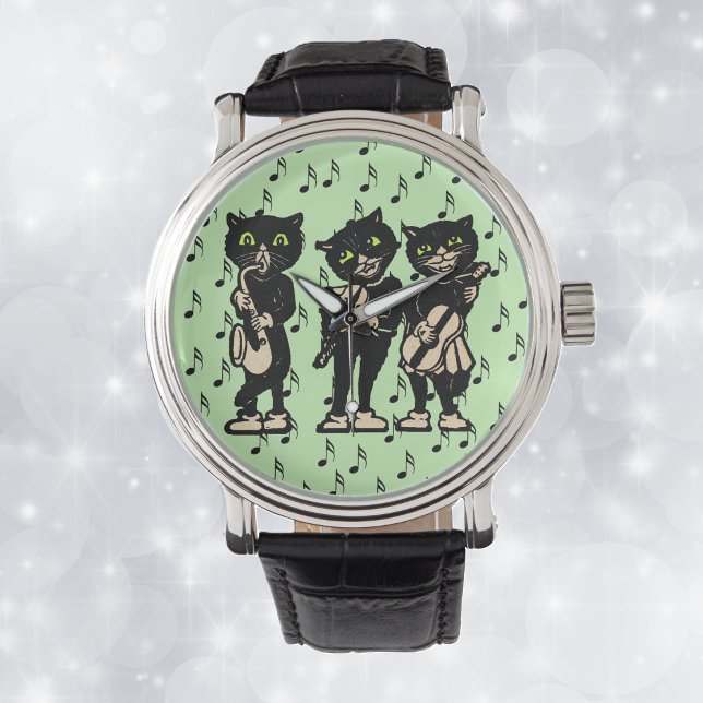 ヴィンテージ・ミュージシャン 黒猫の音符 腕時計 (Three black cats playing musical instruments black music notes on light green wrist watch.)